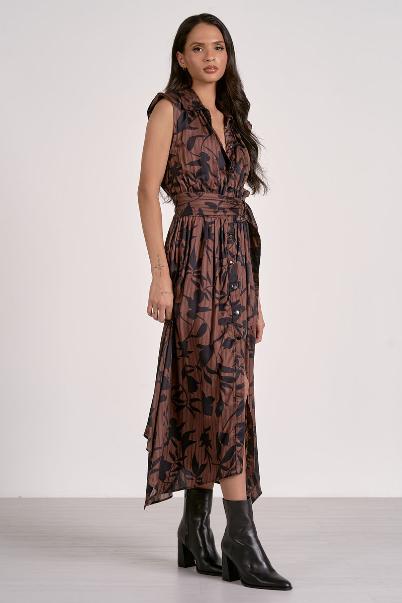 Elan Juliette V Neck Dress - Brown Foliage-Hand In Pocket