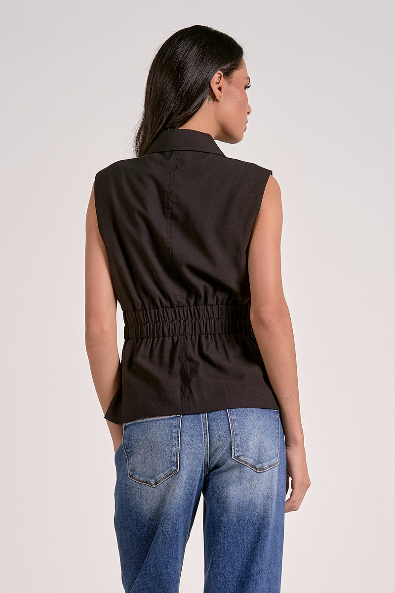 Elan Ava Side Ruched Vest- Black-Hand In Pocket