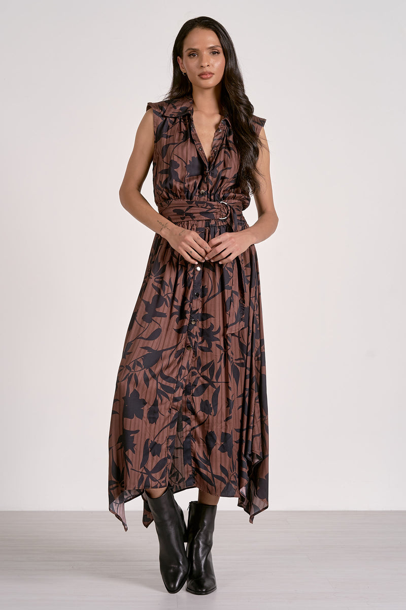 Elan Juliette V Neck Dress - Brown Foliage-Hand In Pocket