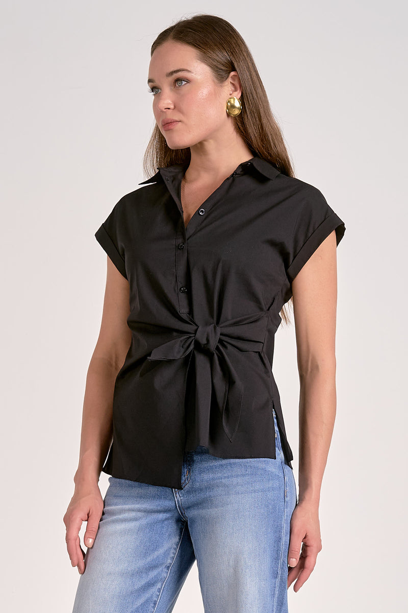 Elan Elsie Tie Front Top - Black-Hand In Pocket