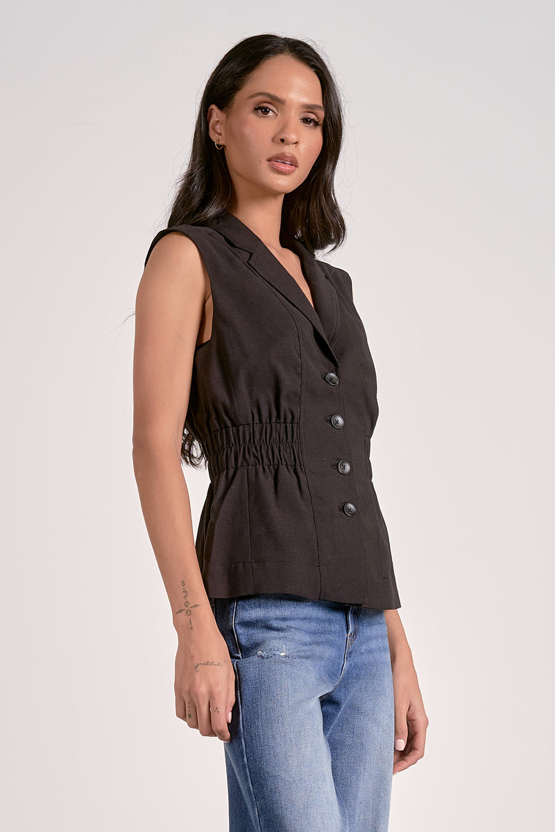 Elan Ava Side Ruched Vest- Black-Hand In Pocket