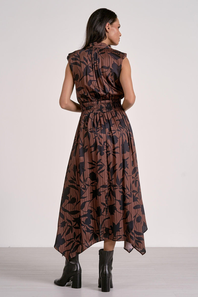 Elan Juliette V Neck Dress - Brown Foliage-Hand In Pocket
