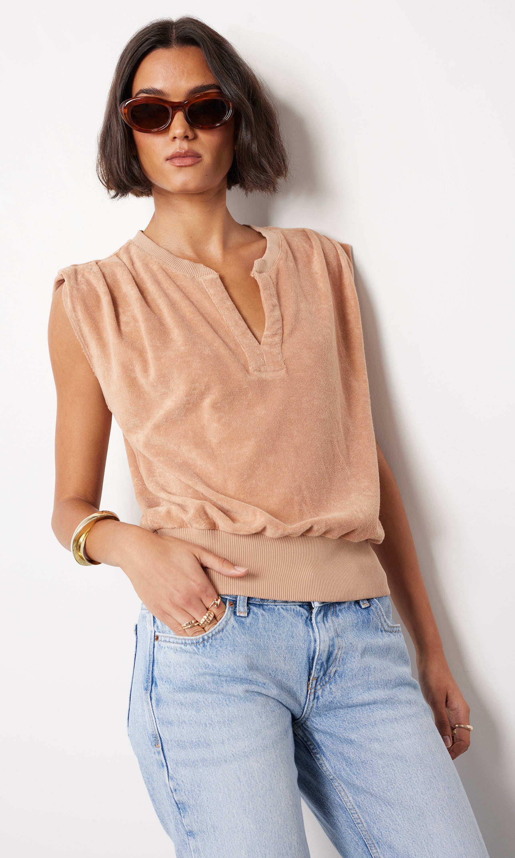 Bobi Split Neck Terry Tee - Iced Coffee-Hand In Pocket