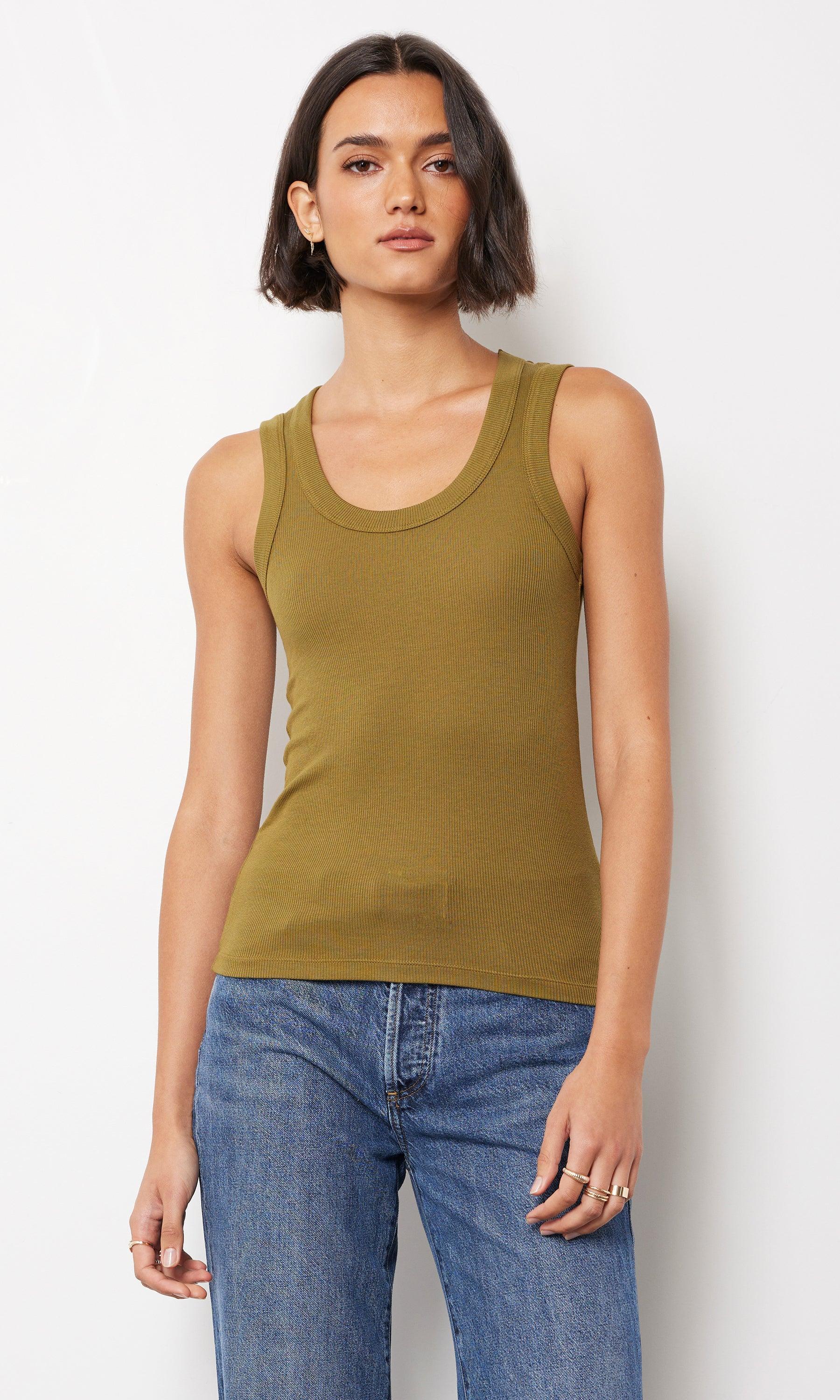 Bobi Scoop Neck Tank - Dk Olive-Hand In Pocket