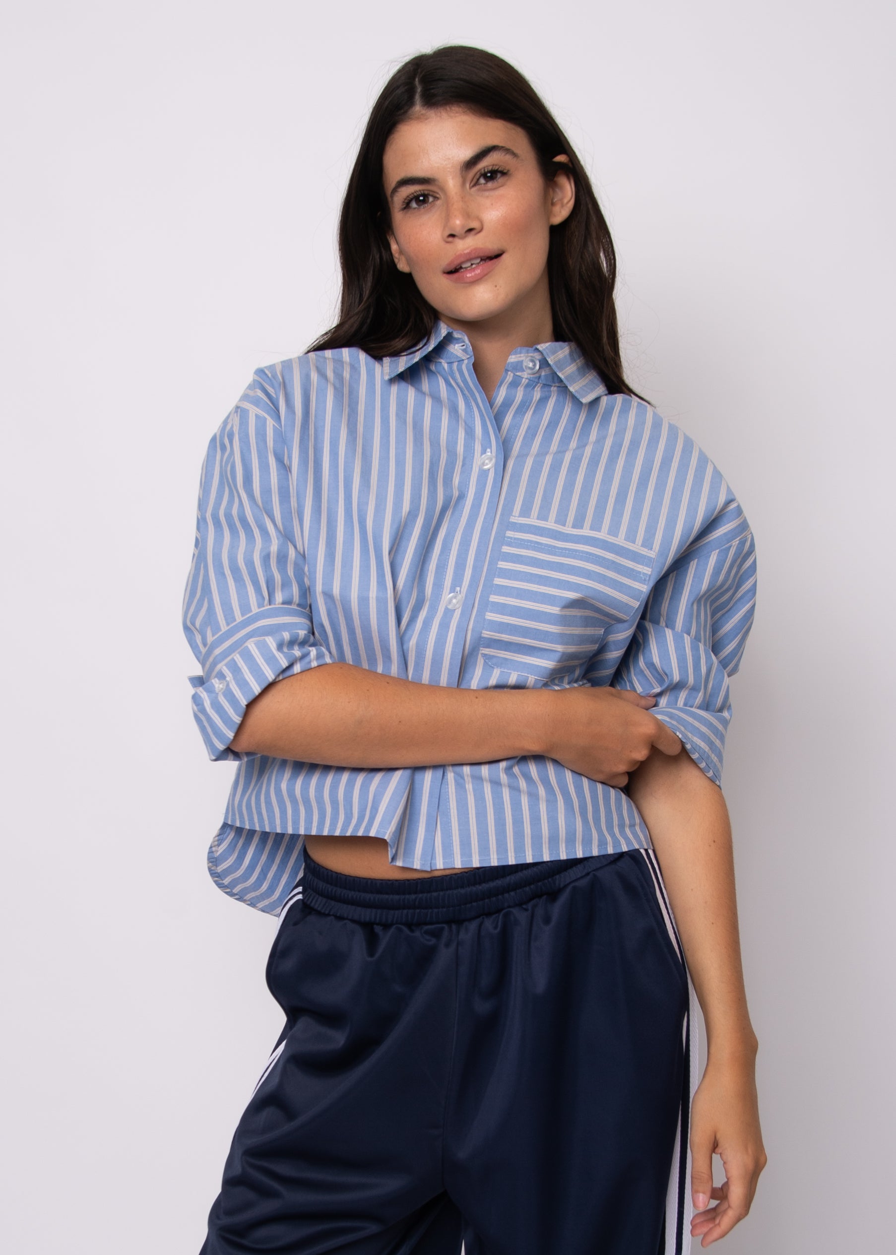 RD Style Kerwin Poplin Top- Slate Blue-Hand In Pocket