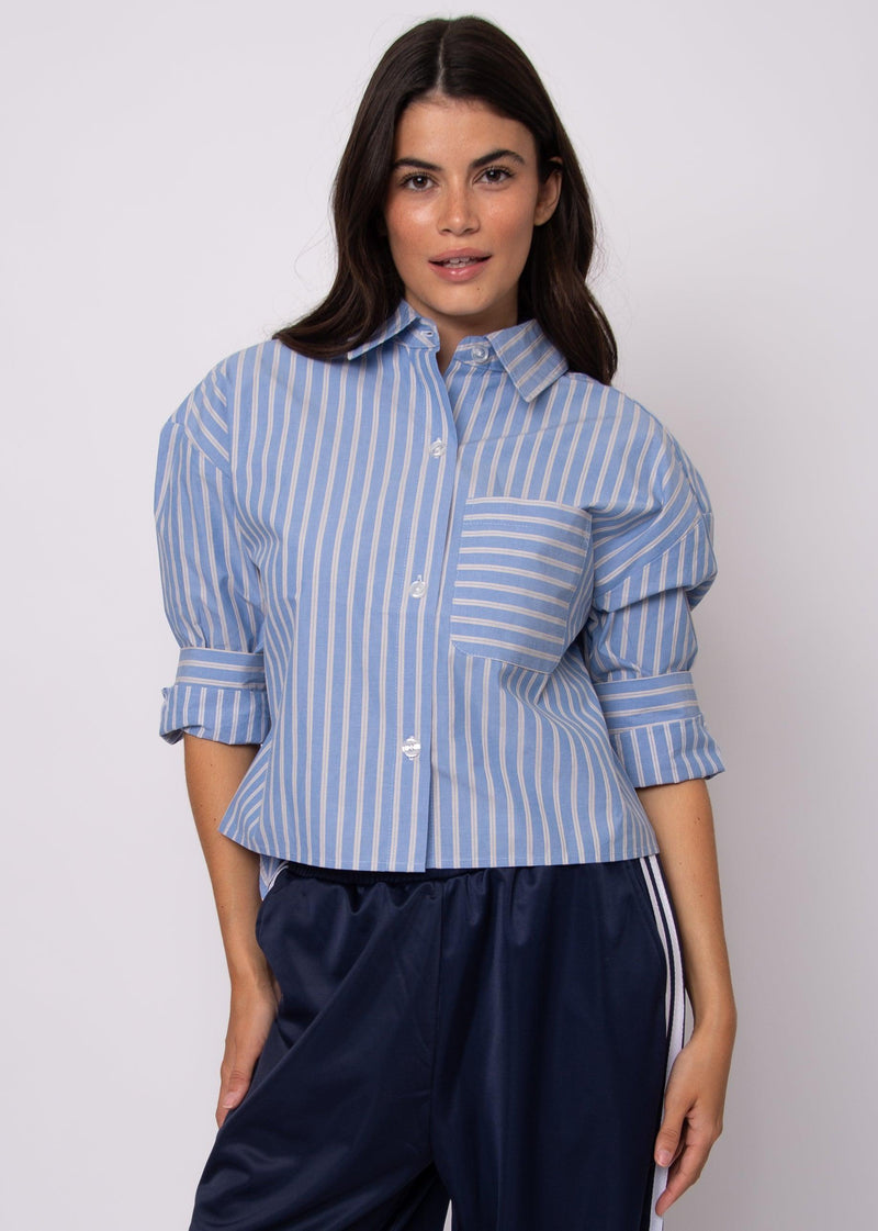 RD Style Kerwin Poplin Top- Slate Blue-Hand In Pocket