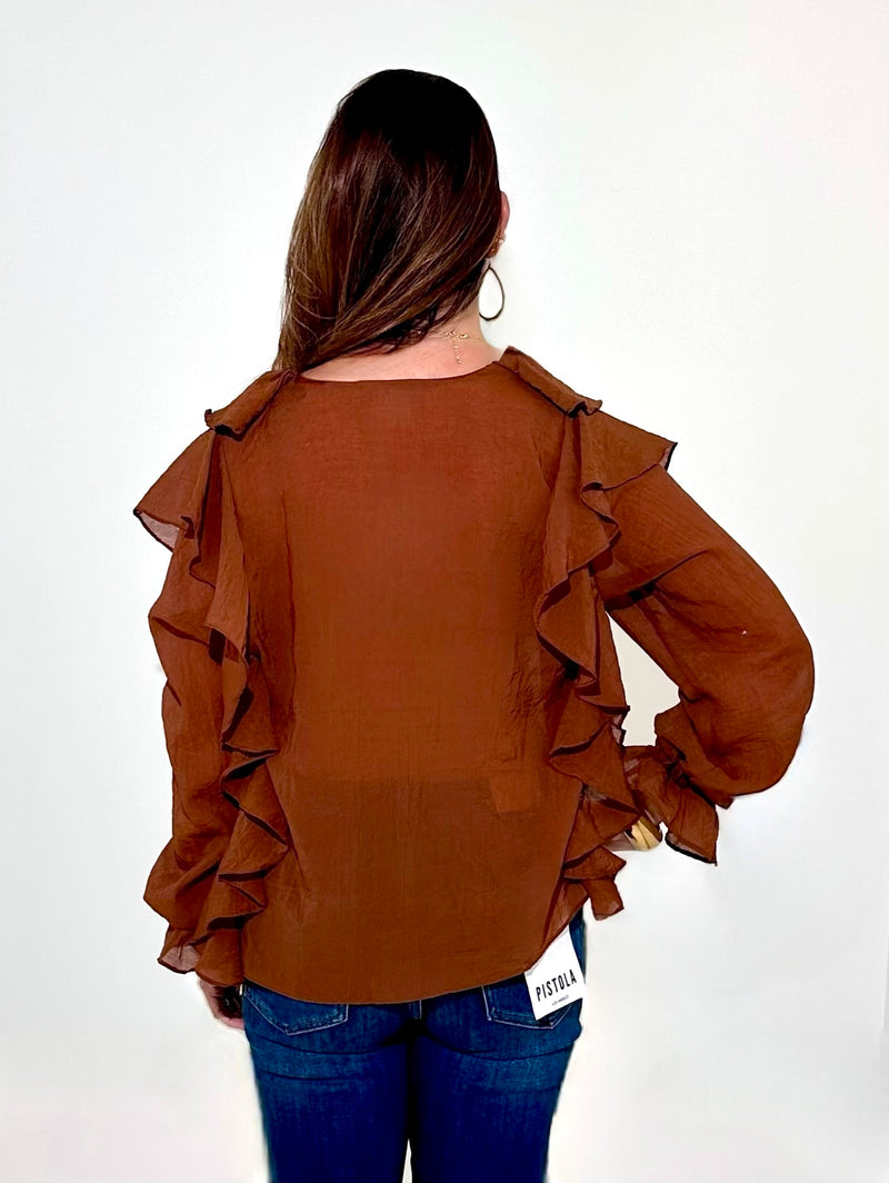 THML Gabriela Flutter Sleeved Blouse- Brown-Hand In Pocket