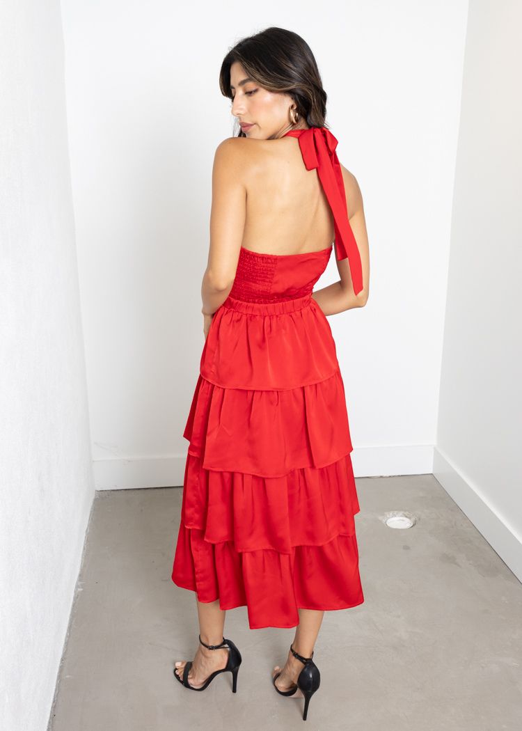 Adelyn Rae Eleanor Halter Tiered Midi Dress- Crimson Red ***FINAL SALE*** Adelyn Rae Eleanor Halter Tiered Midi Dress- Crimson Red ***FINAL SALE***