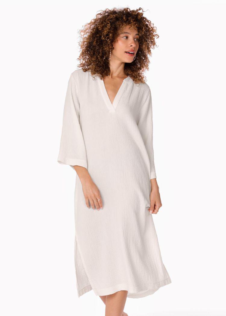 Bobi Raw Edge 3/4 SLV Midi Caftan- White-Hand In Pocket