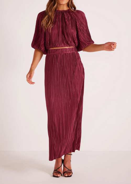 Mink Pink Tilla Plisse Midi Skirt - Berry-Hand In Pocket