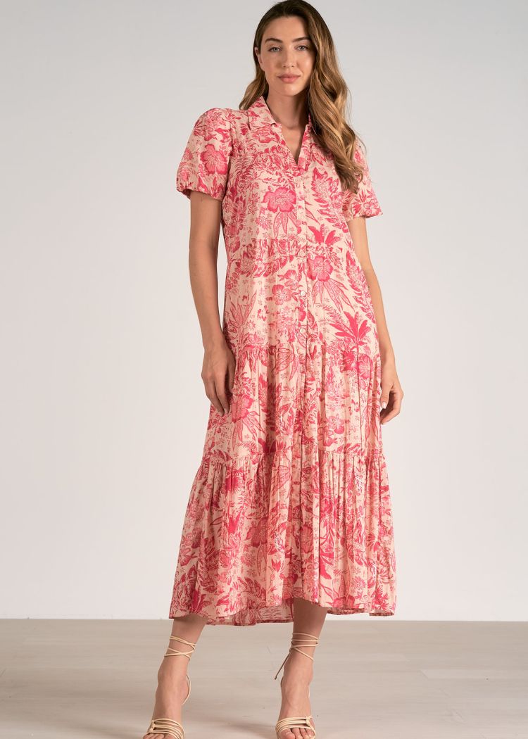 Beth Anne Midi Dress - Pink Leafy-Hand In Pocket