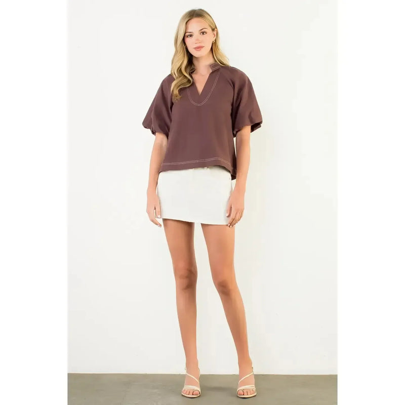 THML Jaylin Contrast Stitch Top- Brown-Hand In Pocket