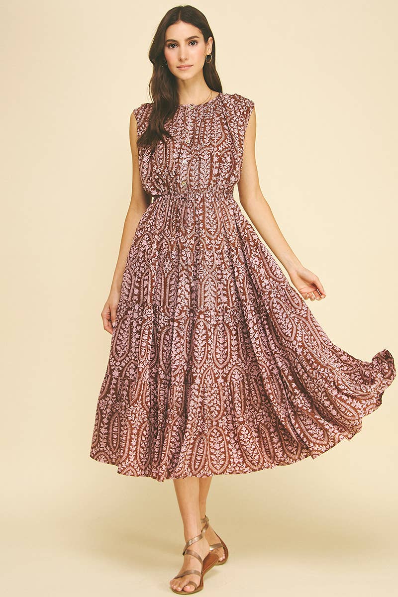 Paige Tiered Dress - Brown/Pink