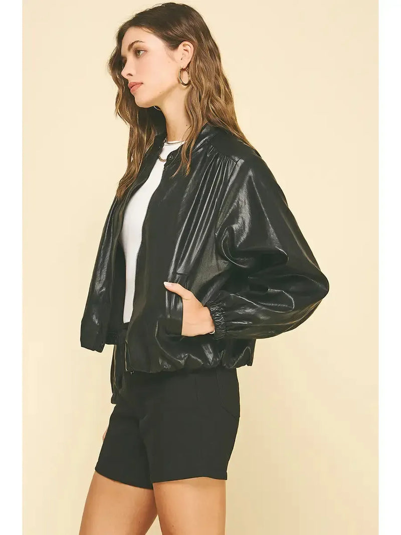 Driar Vegan Leather Bomber Jacket-Hand In Pocket