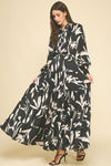 Clarissa Abstract Floral Long Sleeve Tiered Maxi-Hand In Pocket