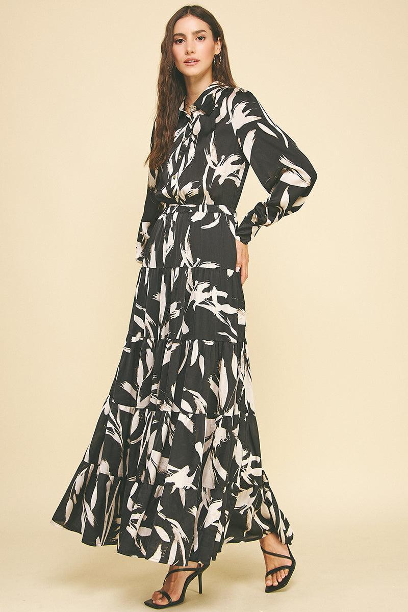 Clarissa Abstract Floral Long Sleeve Tiered Maxi-Hand In Pocket