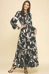 Clarissa Abstract Floral Long Sleeve Tiered Maxi-Hand In Pocket