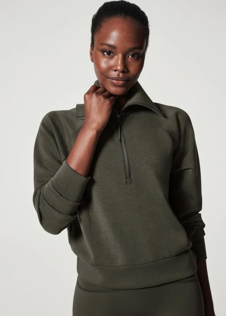 Spanx Air Essentials Zip Up Top- Dark Palm-Hand In Pocket