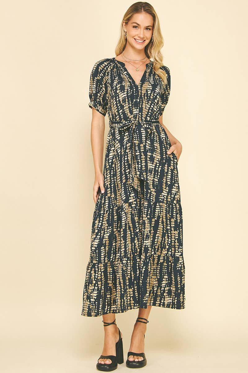 PRINTED TIERED MAXI DRESS - 6132D: NAVY / S-Hand In Pocket