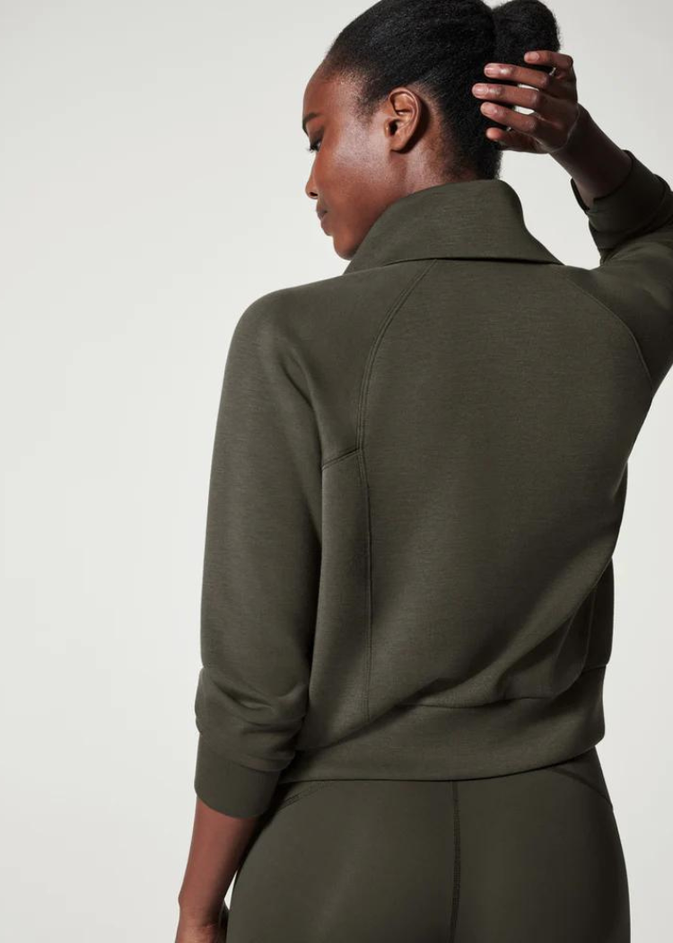 Spanx Air Essentials Zip Up Top- Dark Palm-Hand In Pocket