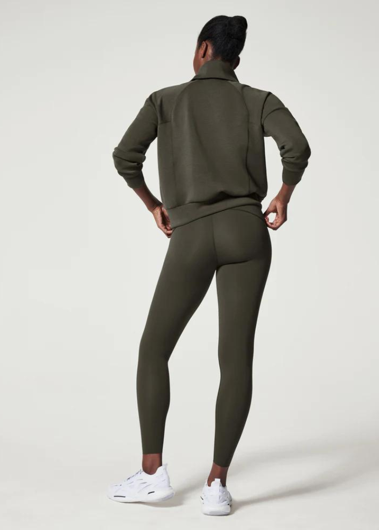 Spanx Air Essentials Zip Up Top- Dark Palm-Hand In Pocket