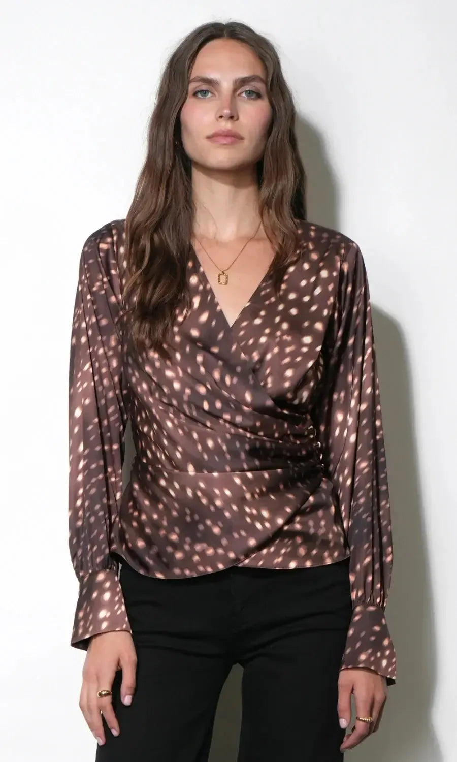 Greylin Uma Wrap Front Blouse Top - Brown Multi-Hand In Pocket