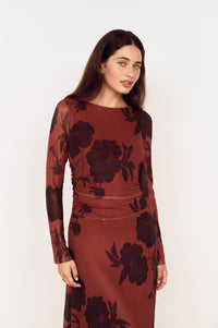 MINKPINK Imani Mesh Midi Dress - Rust/Floral-Hand In Pocket