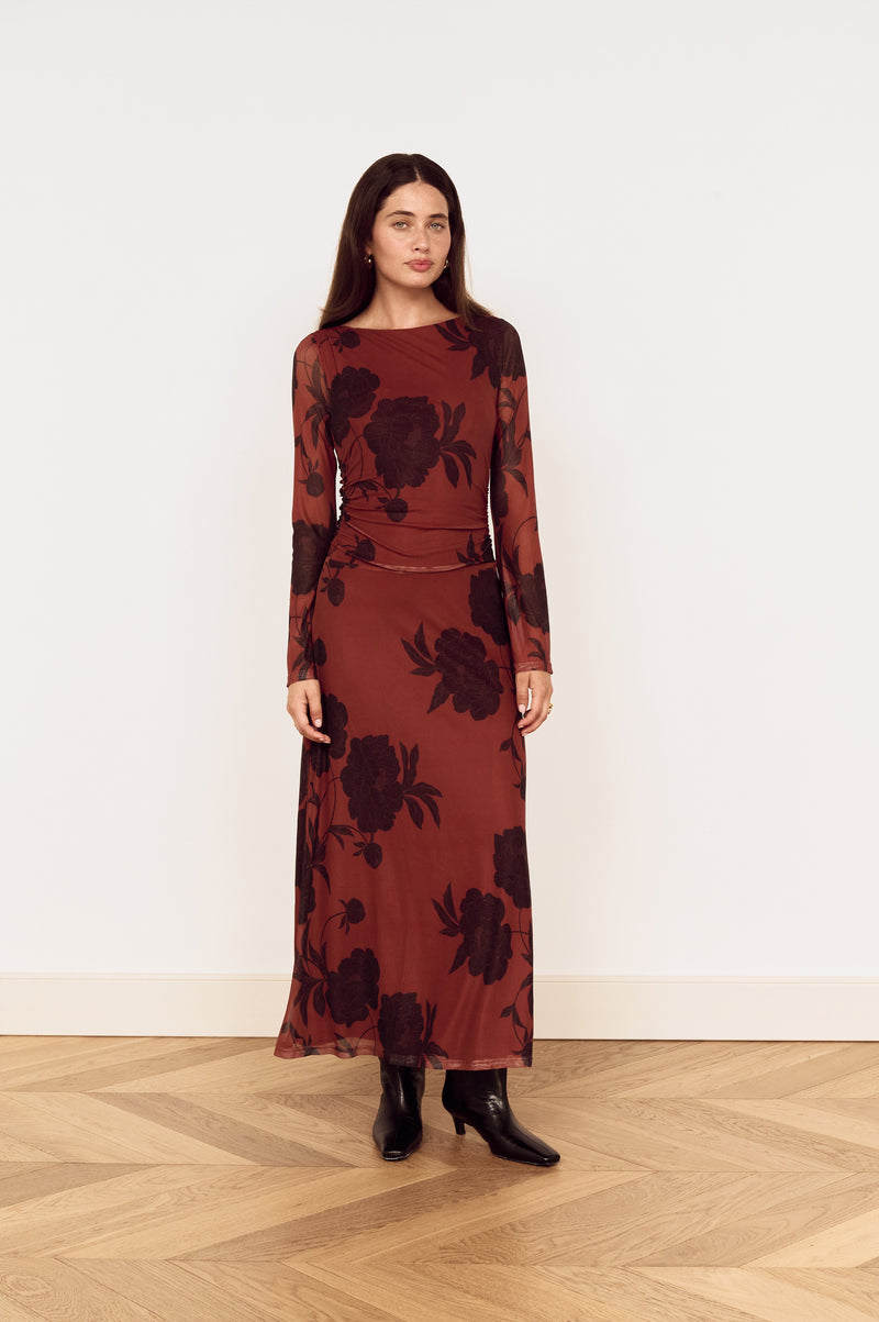 MINKPINK Imani Mesh Midi Dress - Rust/Floral-Hand In Pocket