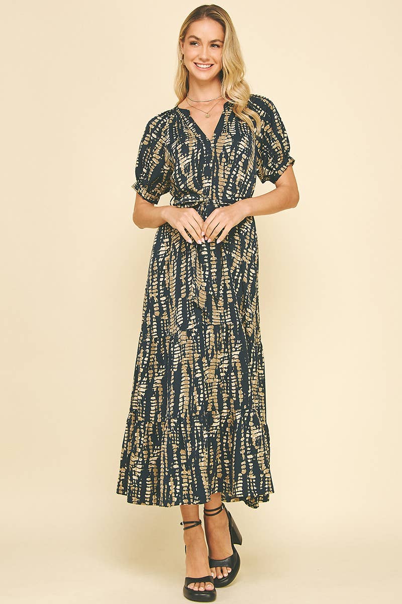 PRINTED TIERED MAXI DRESS - 6132D: NAVY / S-Hand In Pocket