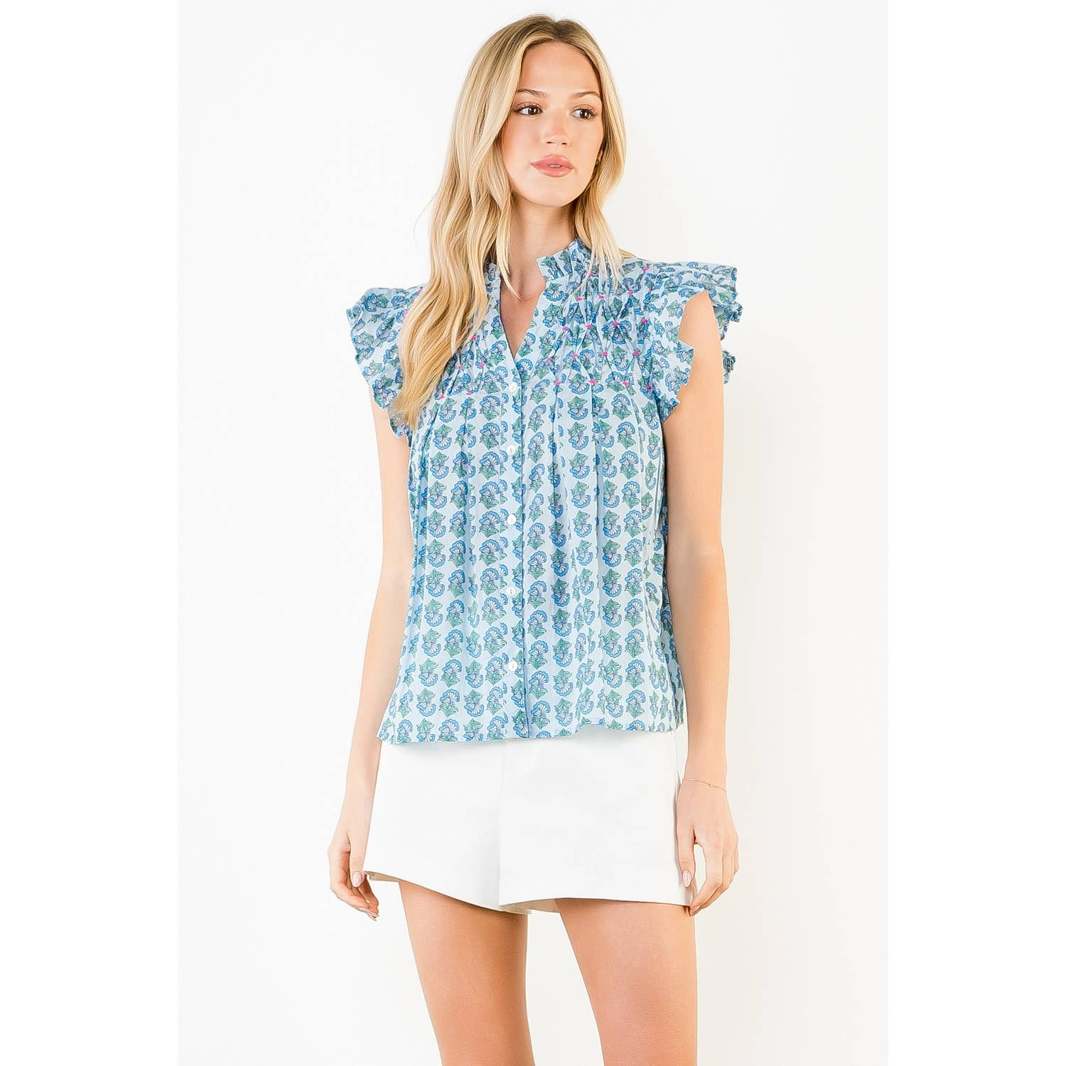 THML Evie Flutter Sleeve Top - Blue-Hand In Pocket