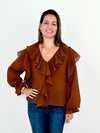 THML Gabriela Flutter Sleeved Blouse- Brown-Hand In Pocket