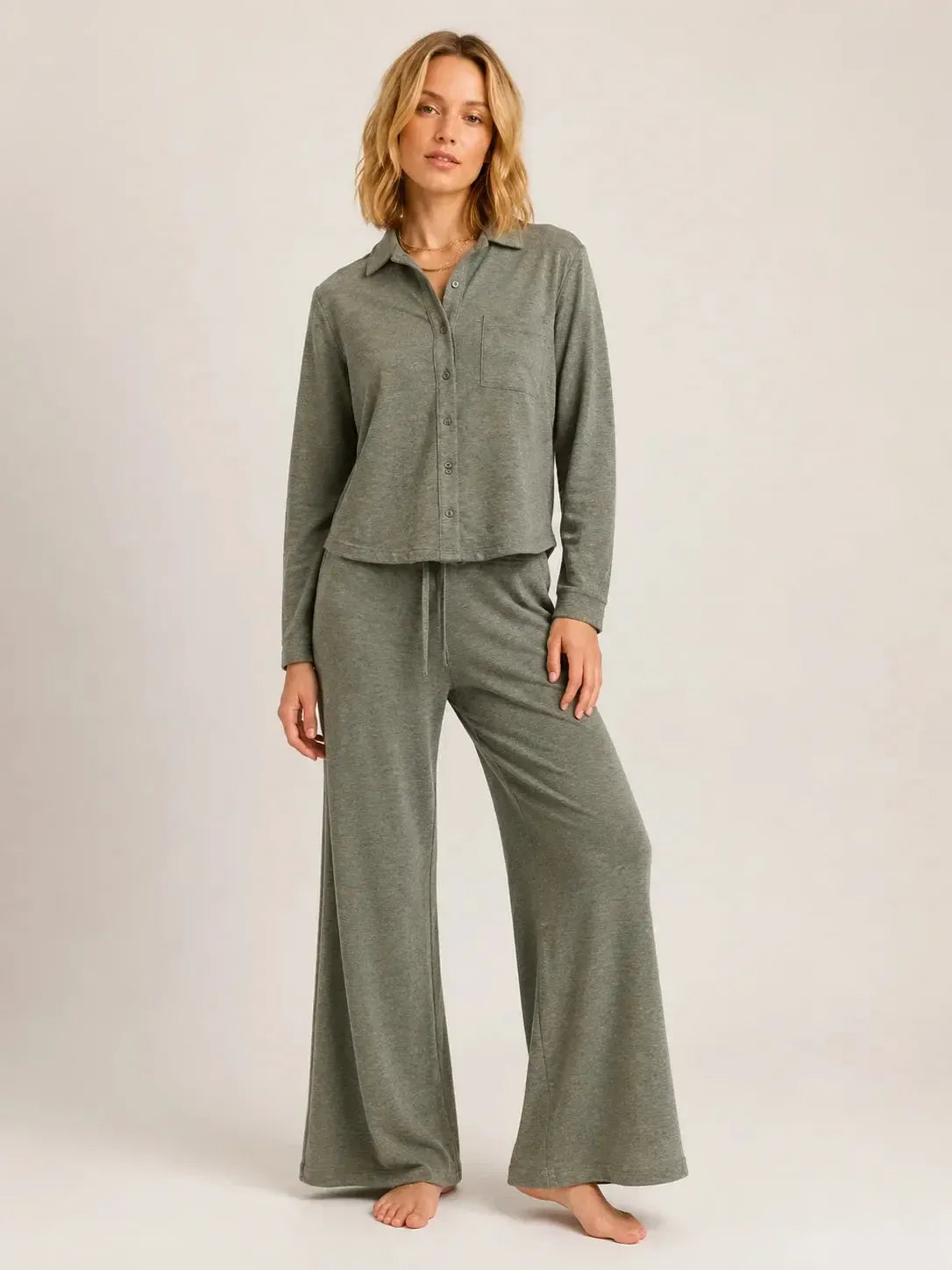 Bobi Wide Leg Lounger Pant - Army-Hand In Pocket