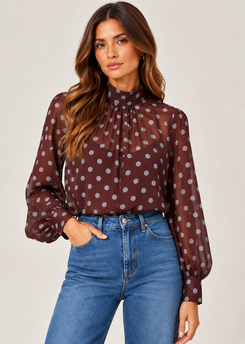 THML Faye Polka Dot Top - Brown-Hand In Pocket