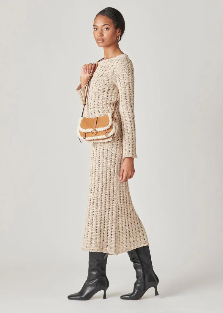 Dolce Vita Rylee Convertible Shearling Crossbody- Rust-Hand In Pocket