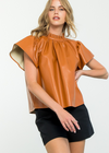 Madison Flutter Sleeve Leather Top-Camel-Hand In Pocket