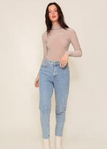 High Neck Knit Top with Side Ruched Detail- Tan-Hand In Pocket