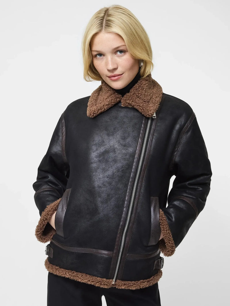 French Connection Vegan Shearling Zip Up Jacket-Hand In Pocket