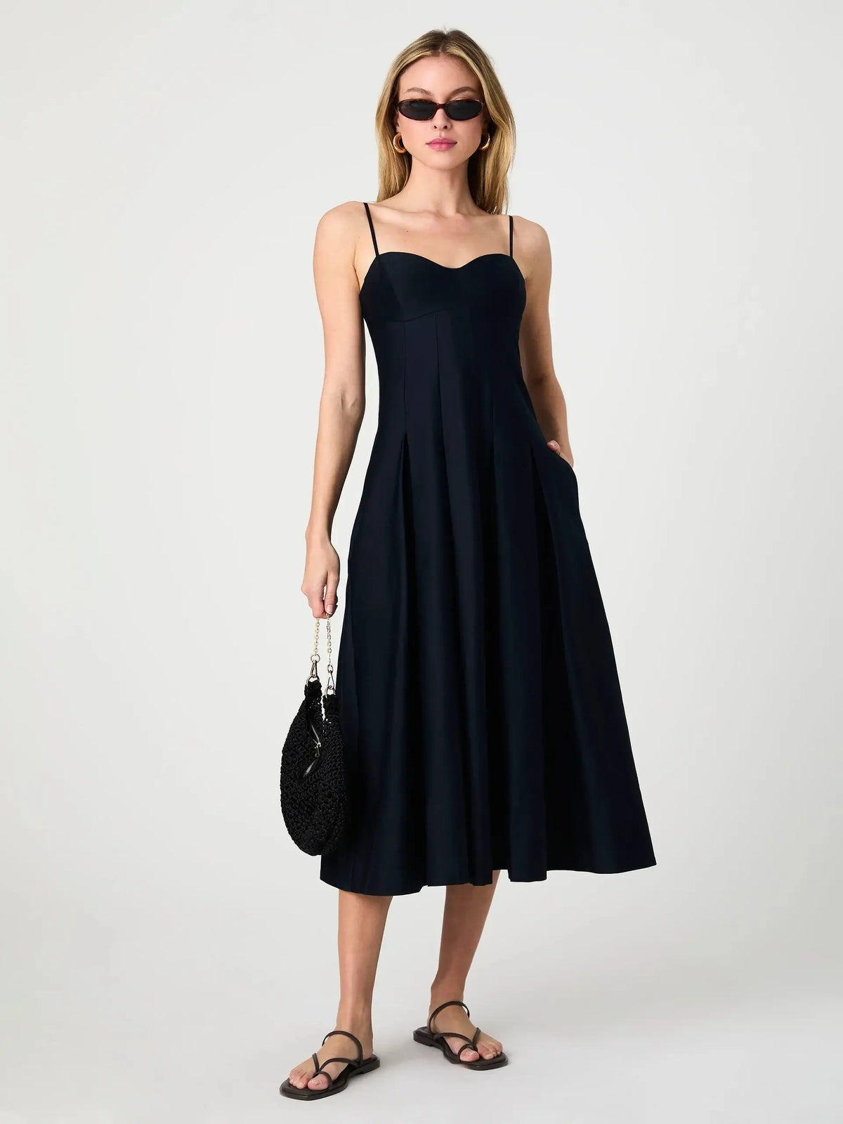 French Connection Cotton Sateen Midi Dress- Marine-Hand In Pocket