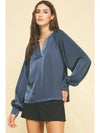 Kara V Neck Balloon Sleeve Blouse- Navy