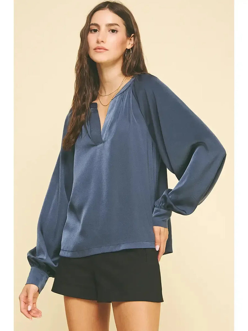 Kara V Neck Balloon Sleeve Blouse- Navy