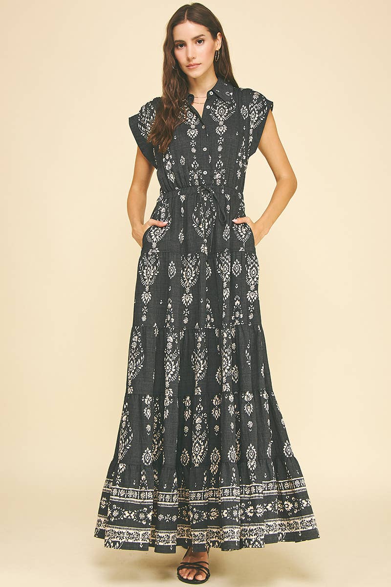 PRINT TIERED MAXI DRESS - 6198DA: Black / S-Hand In Pocket