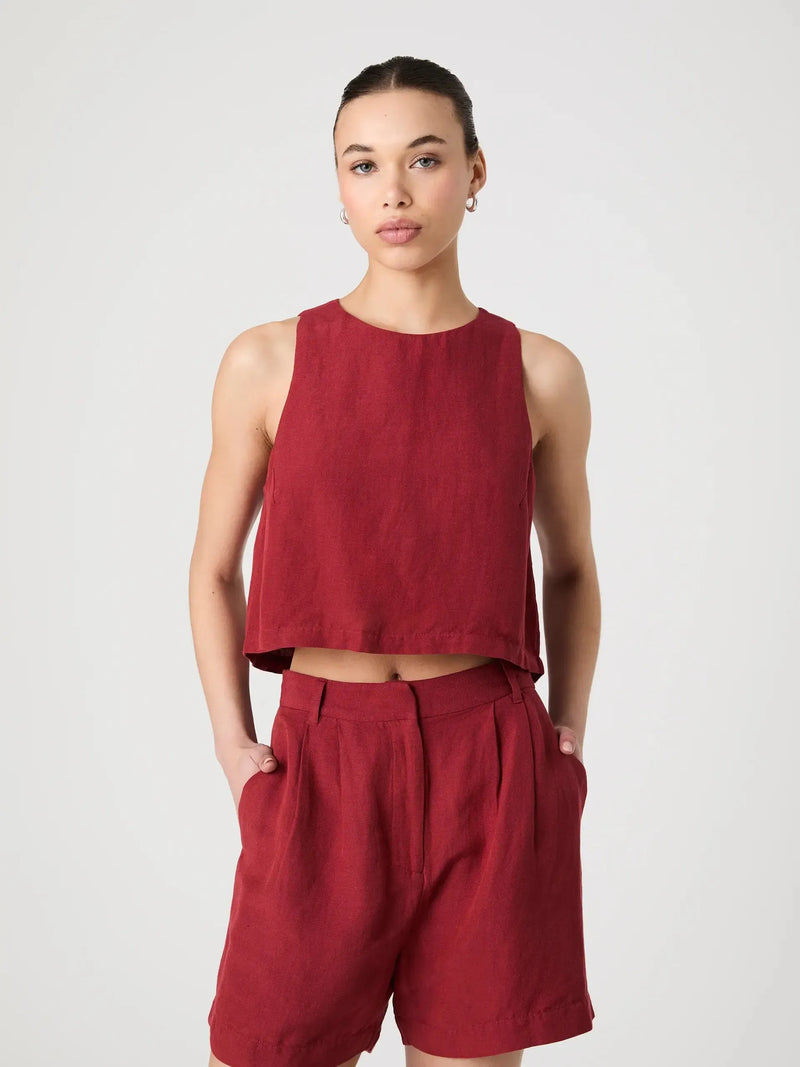 French Connection Birdie Linen Shell Top- Brick Red-Hand In Pocket