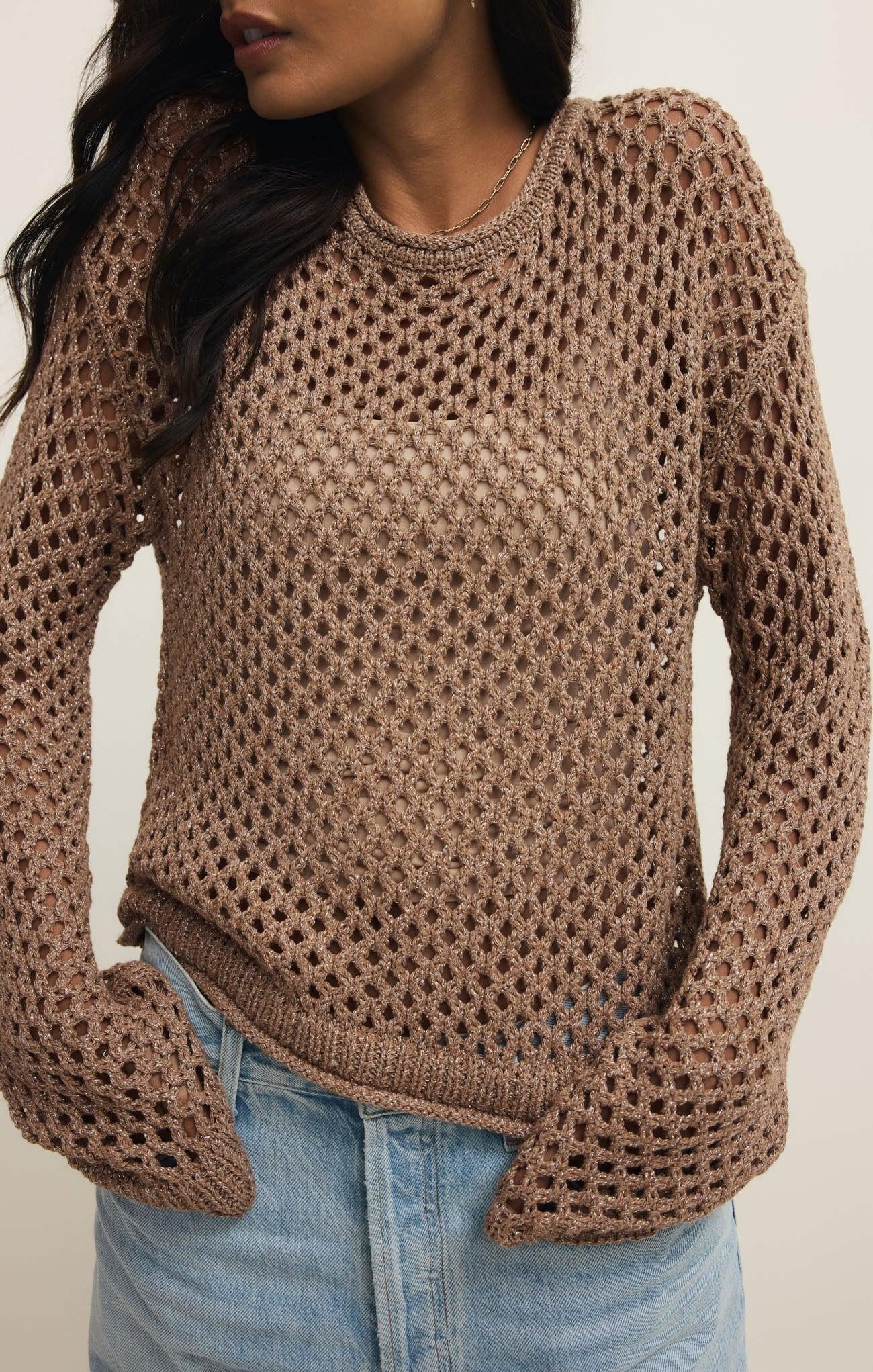 Z Supply Cala Crochet Sweater- Campfire-Hand In Pocket