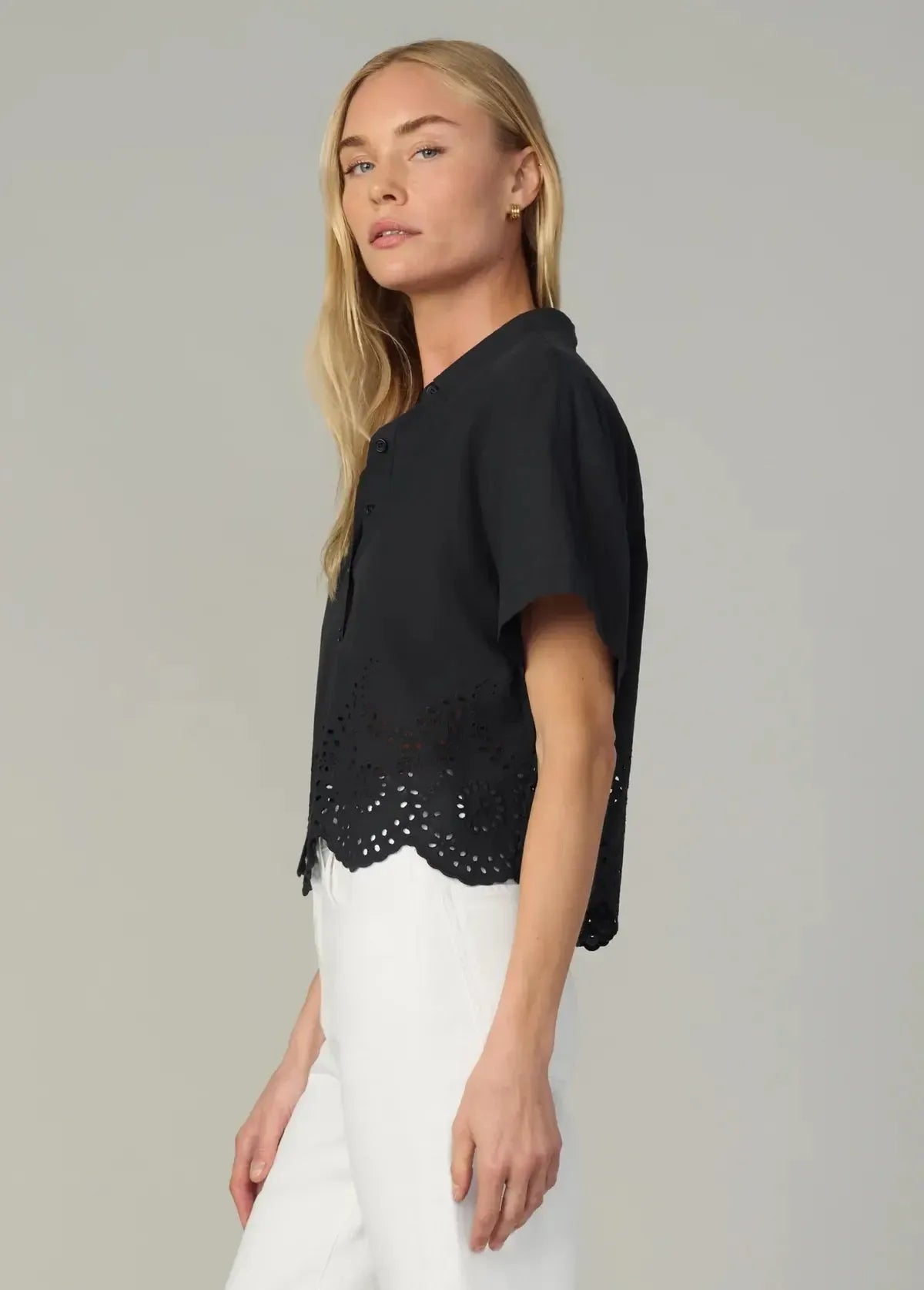 Joe's Jeans Eyelet Short Sleeve Top- Black-Hand In Pocket