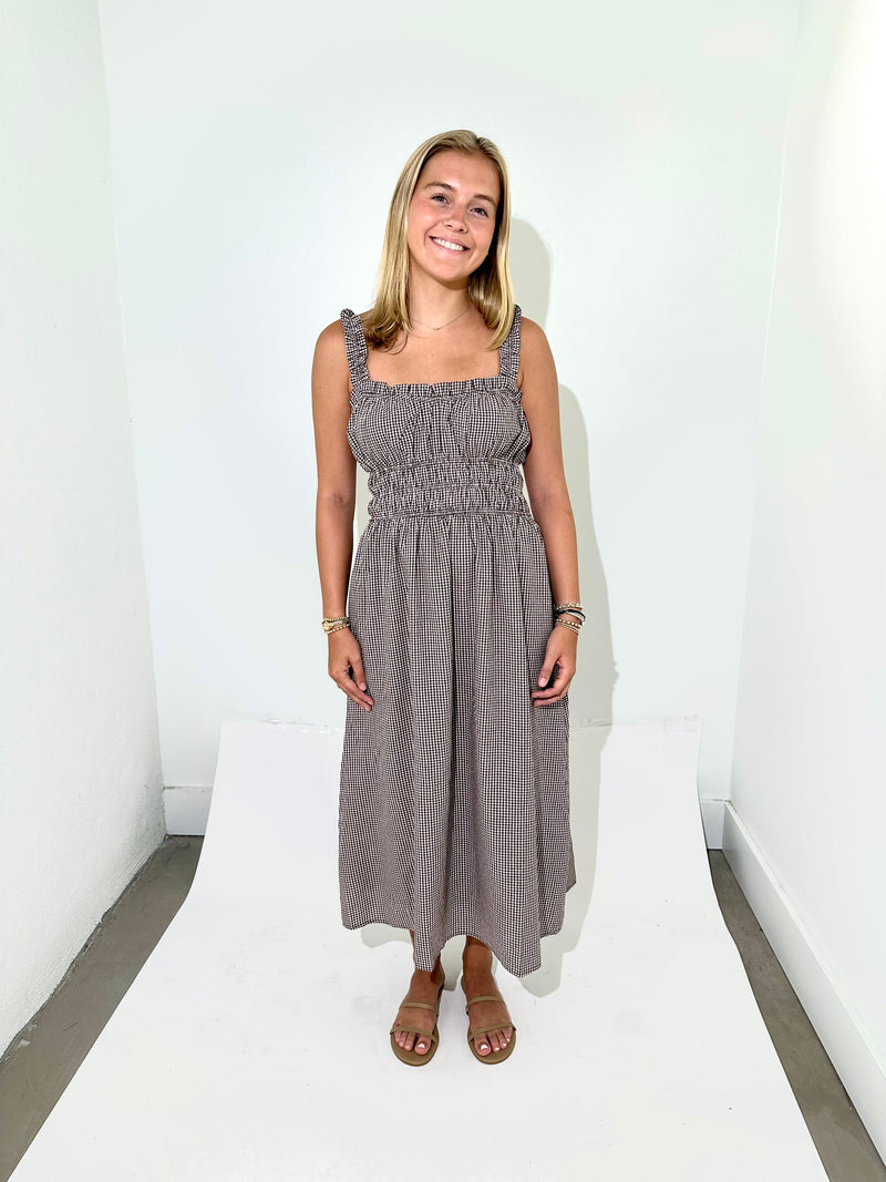 Gingham Maxi Dress- Brown-Hand In Pocket