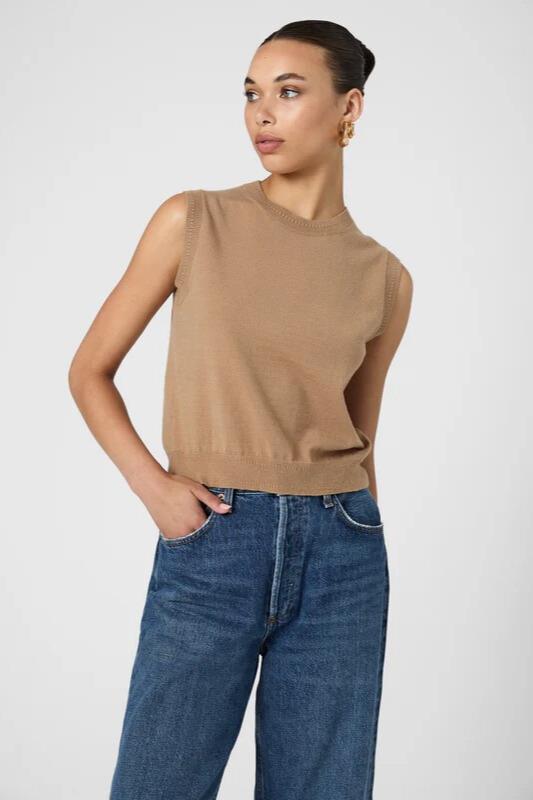 French Connection Cosysoft Sleeveless Vest- Camel-Hand In Pocket