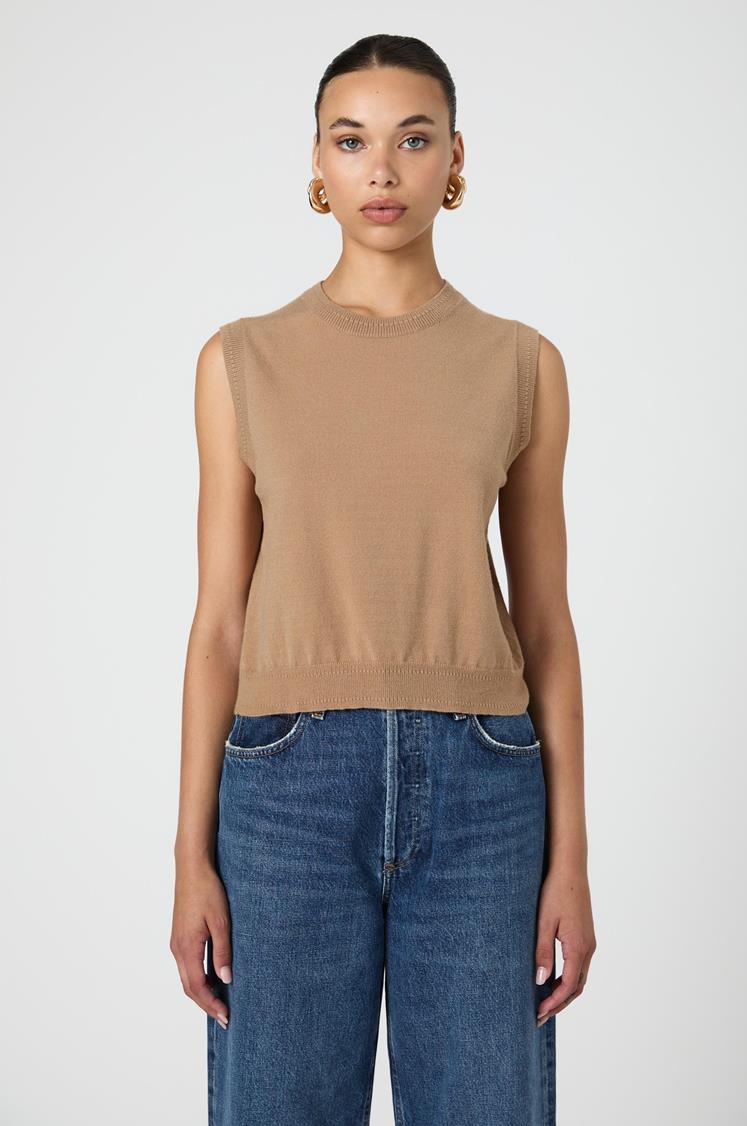 French Connection Cosysoft Sleeveless Vest- Camel-Hand In Pocket