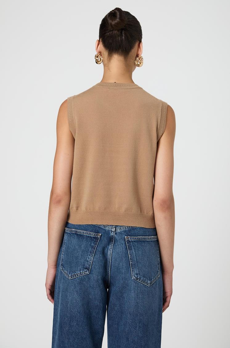 French Connection Cosysoft Sleeveless Vest- Camel-Hand In Pocket