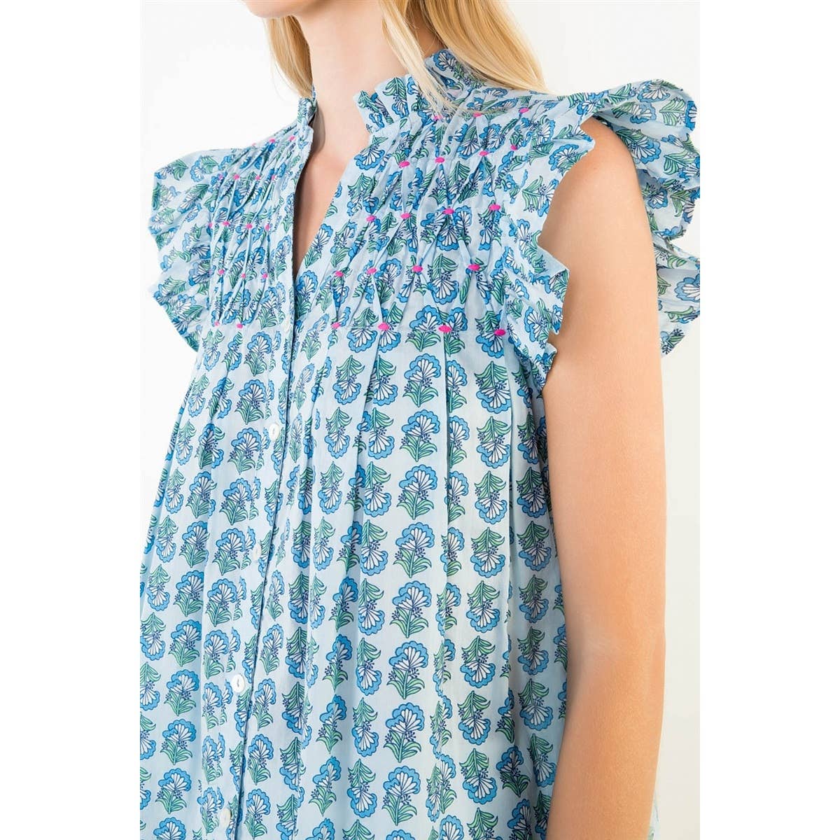 THML Evie Flutter Sleeve Top - Blue-Hand In Pocket