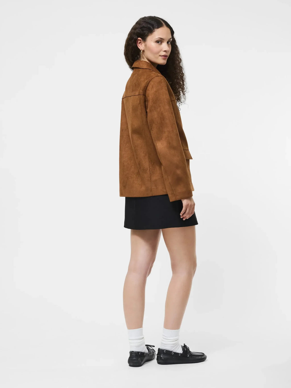 French Connection Laney Faux Suede Jacket- Tan-Hand In Pocket